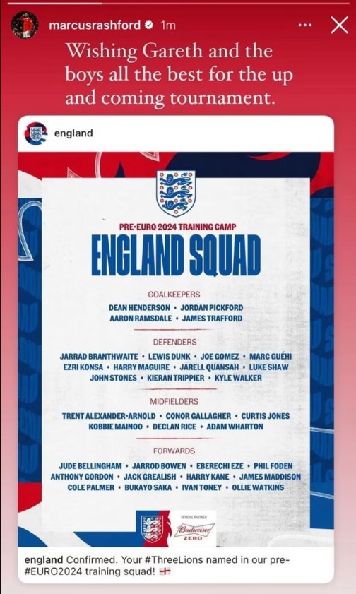 Rashford Gửi Lời Chúc May Mắn Tới Đội Tuyển Anh Tại EURO 2024