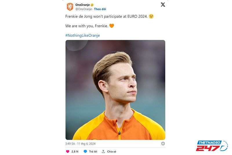 Frenkie de Jong được thông báo không thể tham gia Euro từ ĐT Hà Lan