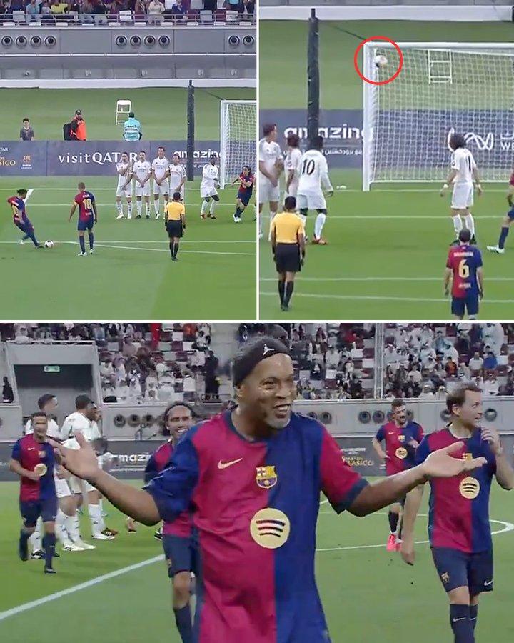 Ronaldinho khuấy đảo khán giả với siêu phẩm đá phạt trong trận El Clasico của các huyền thoại