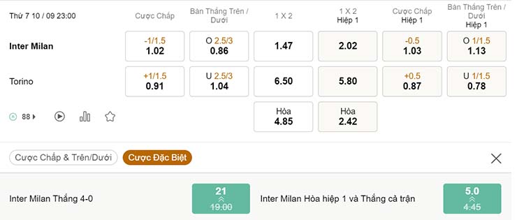 Tỷ lệ kèo Inter Milan vs Torino 10/9 Tỷ lệ kèo Inter Milan vs Torino 10/9