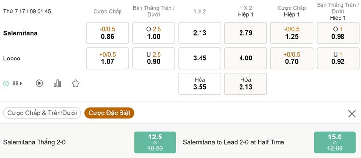 Tỷ lệ kèo Salernitana vs Lecce 17/9 Tỷ lệ kèo Salernitana vs Lecce 17/9
