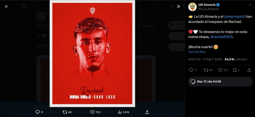 Rachad Fettal chính thức cập bến Real Madrid: Chương mới đầy hứa hẹn cho tài năng trẻ Almeria