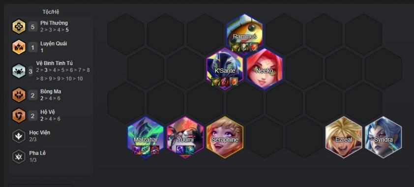 Đội hình Malzahar – Rammus TFT Mùa 15 gồm Ezreal, Syndra, Malzahar, Rammus, Neeko, Yuumi, K'Sante, Seraphine