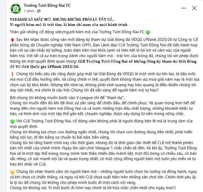 Câu chuyện đầy cảm xúc của CLB Đồng Nai: Từ chối V.League để hướng đến tương lai bền vững