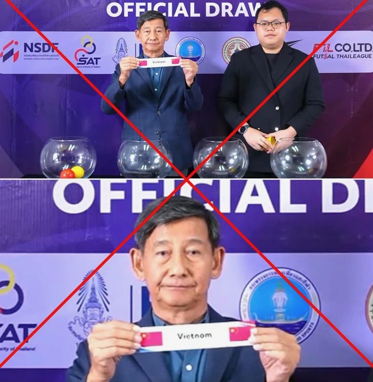 Hình ảnh lá thăm Việt Nam có cờ Trung Quốc tại lễ bốc thăm Giải futsal U19 và U16 Đông Nam Á 2025 Lá thăm Việt Nam bị nhầm quốc kỳ Trung Quốc