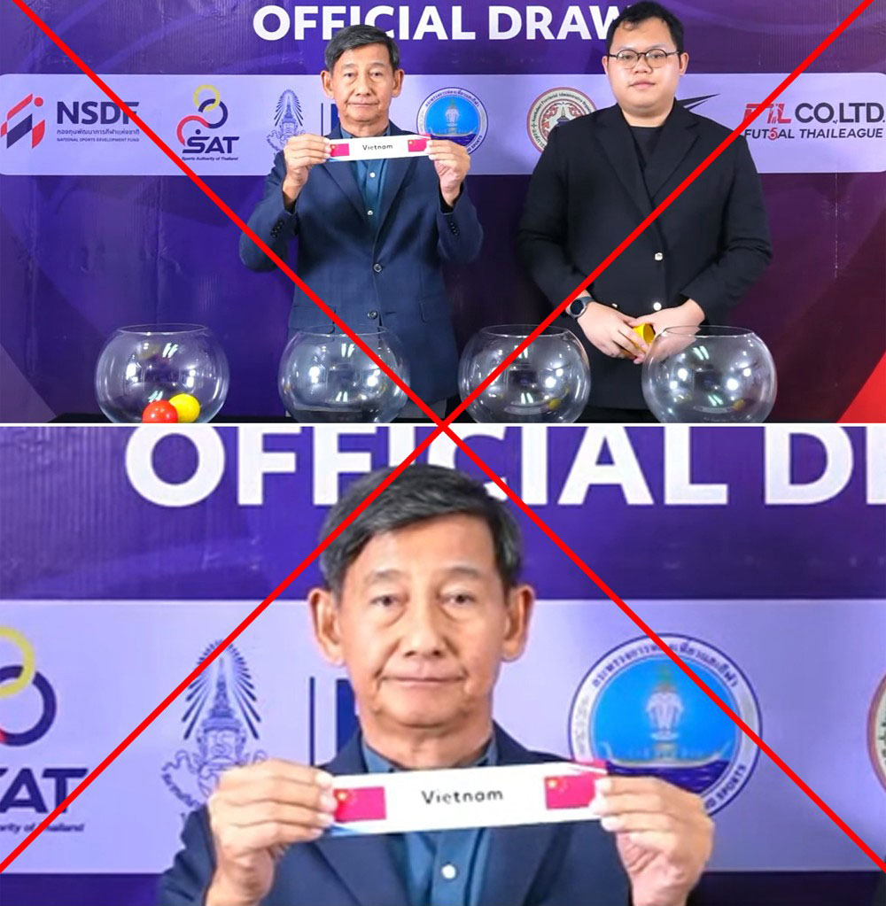 Hình ảnh lá thăm Việt Nam có cờ Trung Quốc tại lễ bốc thăm Giải futsal U19 và U16 Đông Nam Á 2025 Lá thăm sai cờ Việt Nam tại lễ bốc thăm futsal Đông Nam Á