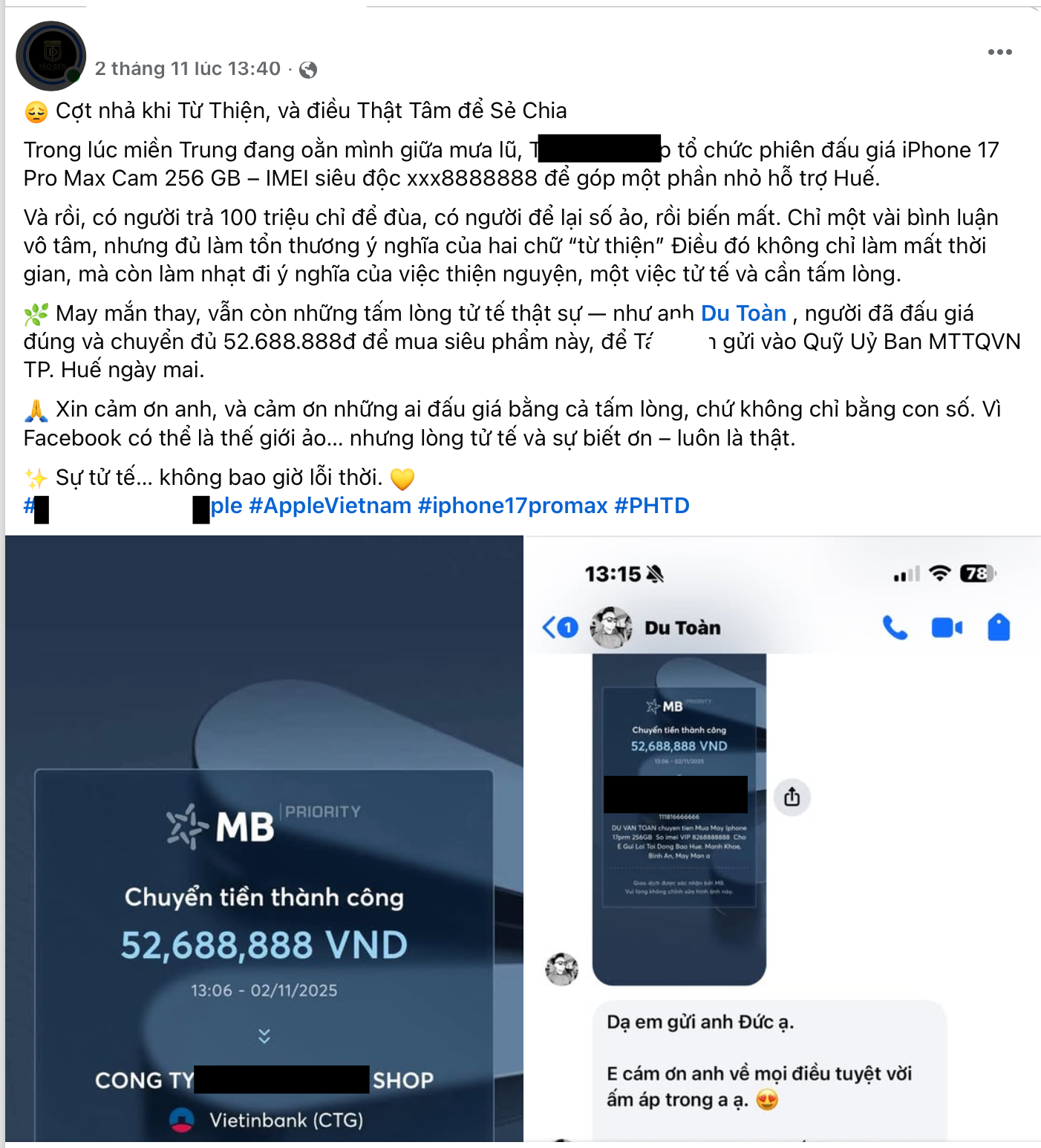 Giao dịch đấu giá iPhone 17 Pro Max số IMEI thất quý