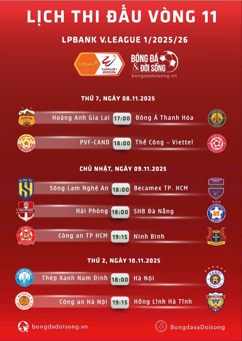 Lịch thi đấu vòng 11 V-League Lịch thi đấu vòng 11 V-League